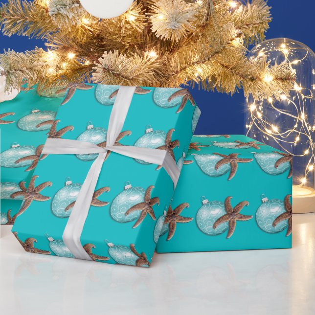 Tropical Turquoise Starfish Christmas Gift Wrap (Holidays)