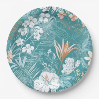 Tropical Turquoise & Terracotta Hibiscus Floral  Paper Plate