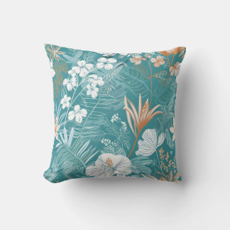 Tropical Turquoise & Terracotta Hibiscus Floral  Throw Pillow