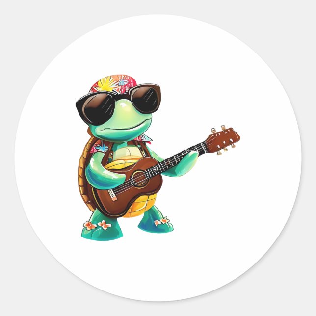 Tropical turtle with guitar classic round sticker (Front)