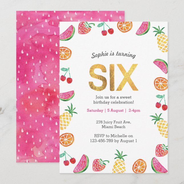 Tropical Tutti Fruitt Gold 6e Invitation anniversa (Devant / Derrière)