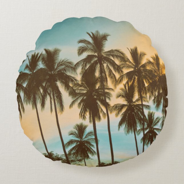 Tropical Twilight: Coconut Palm Silhouette Round Pillow (Front)
