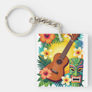 Tropical Ukulele Tiki Luau Party Vibes T-Shirt Keychain