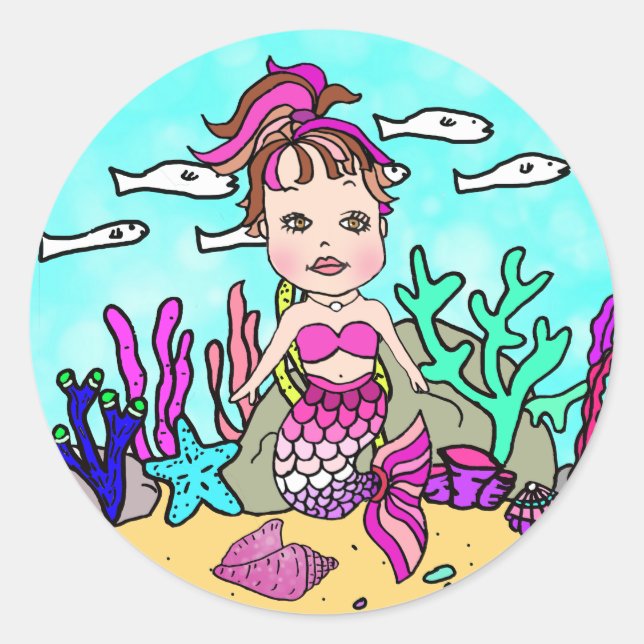 Tropical Under the Sea Magenta Mermaid Classic Round Sticker (Front)
