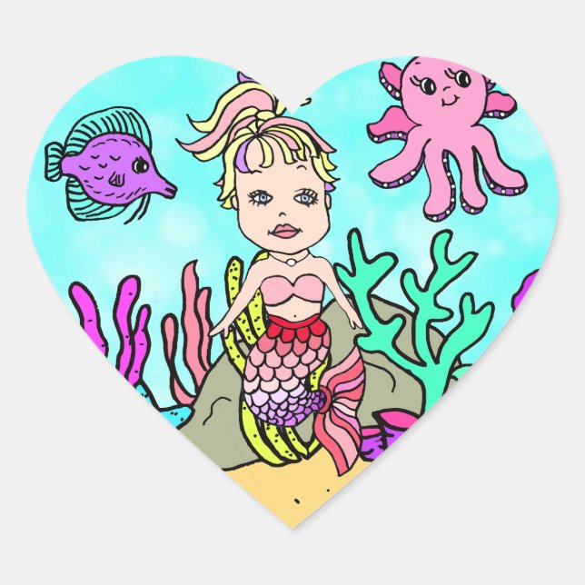 Tropical Under the Sea  Pink  Mermaid Heart Sticker (Front)