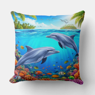 Tropical Underwater Scene Featuring Dolphins Throw Pillow