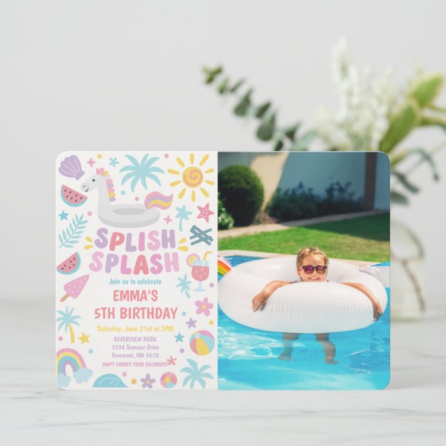 Tropical Unicorn Splish Splash Birthday Phot Invitation (Standing Front)