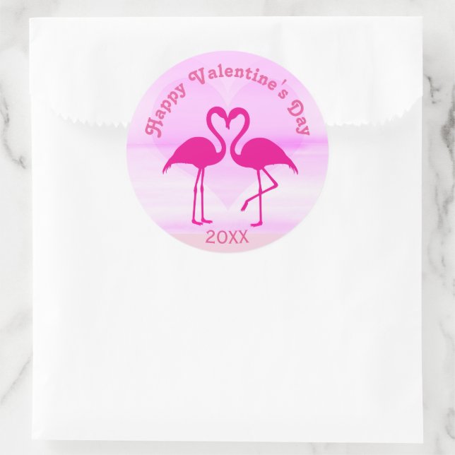 Tropical Valentines Day Flamingo Pink Custom Year Classic Round Sticker (Bag)