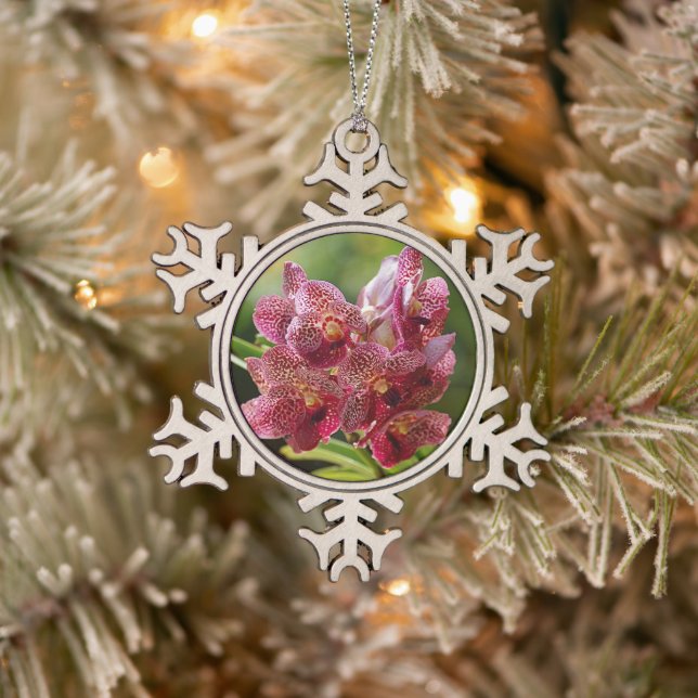 Tropical Vanda Orchid Cluster Snowflake Pewter Christmas Ornament (Tree)