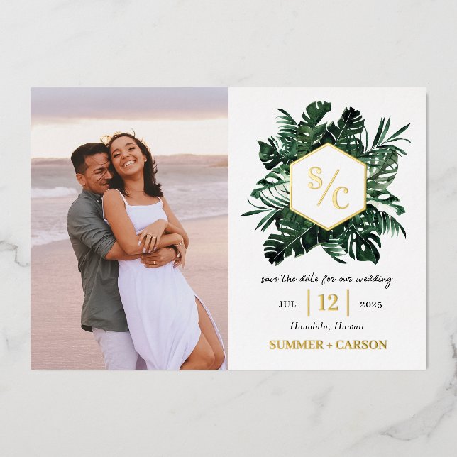 Tropical Vibe FOIL Wedding Save The Date Card (Front)