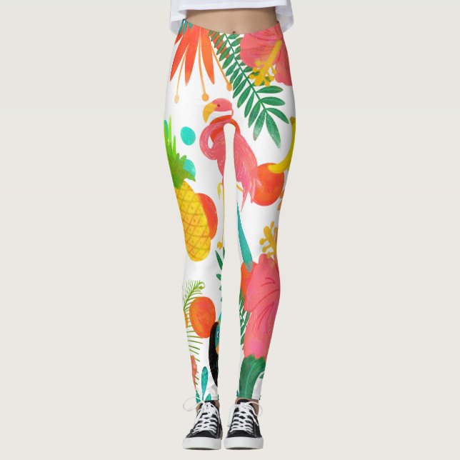 Tropical Vibes Floral Leaves Summer Chic Leggings (Front)