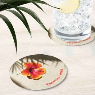 Tropical Vibes Hibiscus on Sand Customizable Round Paper Coaster