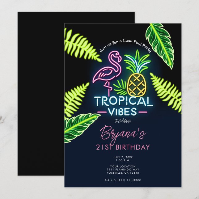 Tropical Vibes Neon Glow Leaves Birthday Party Invitation (Front/Back)