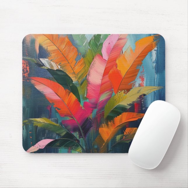 Tropical Vibrance – Abstract Colorful Leaves Mouse Pad (With Mouse)