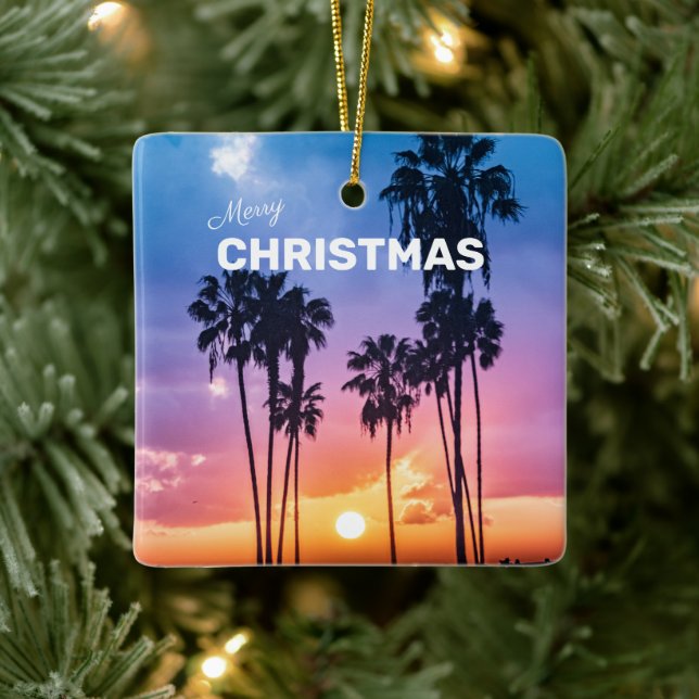 Tropical Vibrant Rainbow Colours Sunset Palm Tree Ceramic Ornament (Tree)