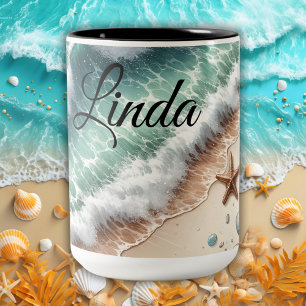 Tropical Vibrant Sand Beach Personalized Name Two-Tone Coffee Mug