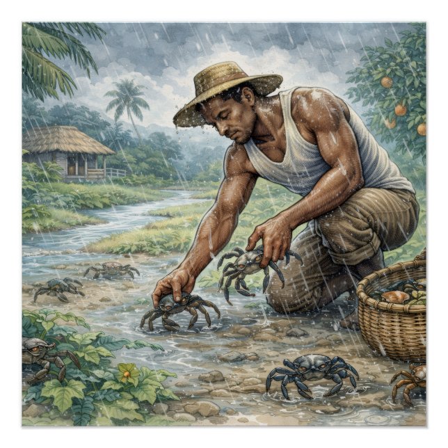 Tropical Village Life: Man Catching Crabs in Rain Poster (Front)