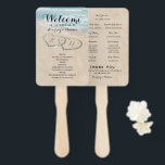 Tropical Vintage Beach Heart Shore Wedding Program Hand Fan<br><div class="desc">Beach destination wedding program fans featuring a summer tropical beach island background, a vintage sandy beach with two hearts in the shoreline, your initials and a wedding order of events template. Click on the “Customize it” button for further personalization of this template. You will be able to modify all text,...</div>