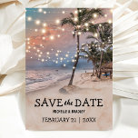 Tropical Vintage Beach Lights Save the Date Announcement Postcard<br><div class="desc">Vintage beach destination save the date postcards featuring a romantic sunset tropical beach setting with lush palm trees and string twinkle lights. For further personalization, please click the "Customize it" button to modify this template. All text style, colours, and sizes can be modified to suit your needs. You will find...</div>