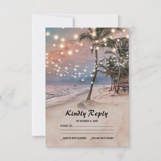 Tropical Vintage Beach Lights Wedding RSVP Card (Front)