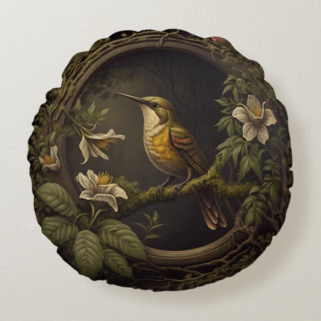 Tropical Vintage Bird and Floral Cushion Pillow (Front)