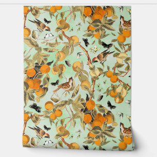 Tropical Vintage Birds In Fruit Garden Chinoiserie Wallpaper
