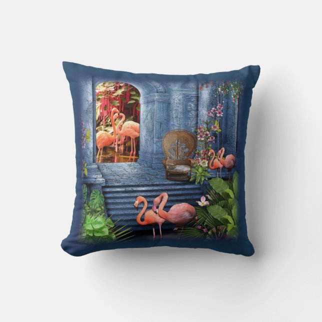 Tropical Vintage Blue Marble Palace Throw Pillow (Front)