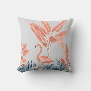 Tropical vintage botanical landscape, pink palm tr throw pillow