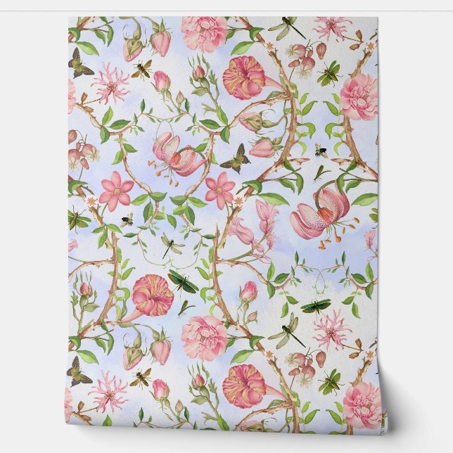 Tropical Vintage Butterflies Garden Chinoiserie Wallpaper (Unrolling)