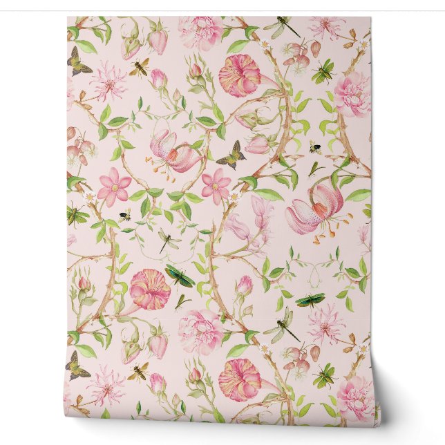 Tropical Vintage Butterflies Garden Chinoiserie Wallpaper (Unrolling)