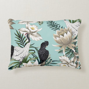 Tropical vintage crane bird,  parrot,  lotus flowe accent pillow