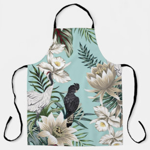 Tropical vintage crane bird, parrot, lotus flowe apron