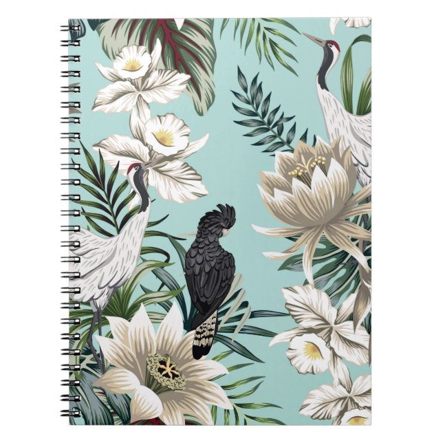 Tropical vintage crane bird,  parrot,  lotus flowe notebook (Front)