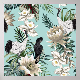 Tropical vintage crane bird,  parrot,  lotus flowe poster
