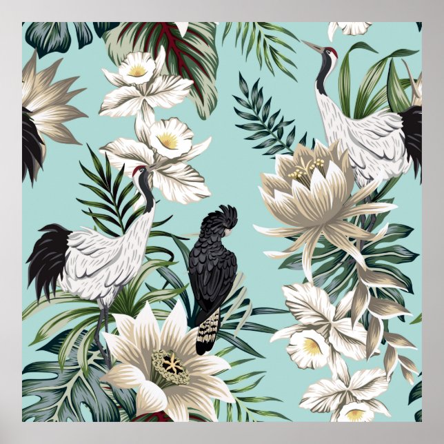 Tropical vintage crane bird,  parrot,  lotus flowe poster (Front)