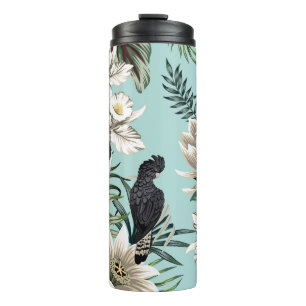 Tropical vintage crane bird, parrot, lotus flowe thermal tumbler