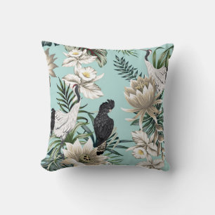 Tropical vintage crane bird,  parrot,  lotus flowe throw pillow