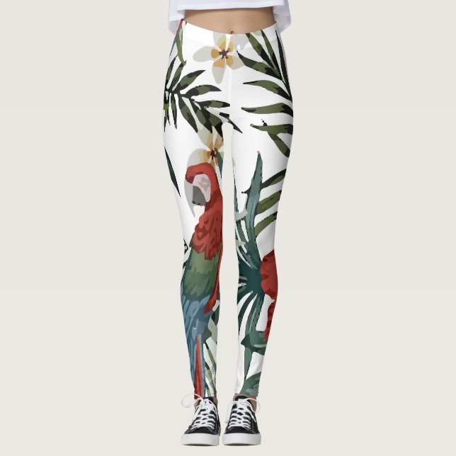 Tropical Vintage Macaw Parrot Hibiscus Leggings (Front)