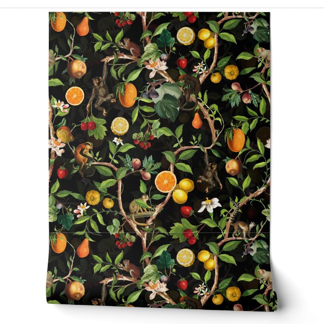 Tropical Vintage Monkey Fruit Garden Chinoiserie Wallpaper (Unrolling)