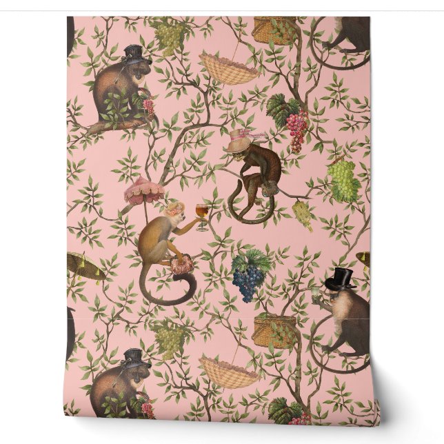 Tropical Vintage Monkey Gardenparty Chinoiserie  Wallpaper (Unrolling)