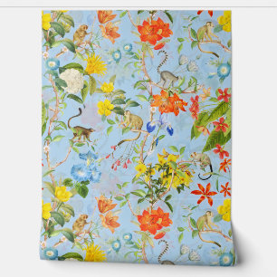 Tropical Vintage Monkeys Garden Rococo Chinoiserie Wallpaper
