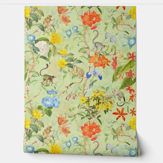 Tropical Vintage Monkeys Garden Rococo Chinoiserie Wallpaper (Unrolling)