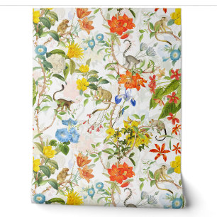 Tropical Vintage Monkeys Garden Rococo Chinoiserie Wallpaper