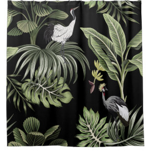 Tropical vintage night crane bird, palm trees, ban