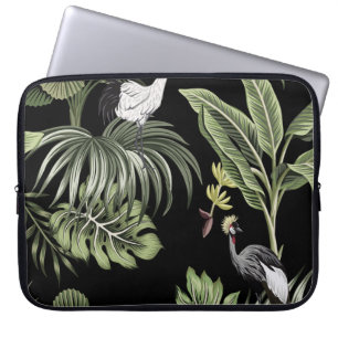 Tropical vintage night crane bird, palm trees, ban laptop sleeve