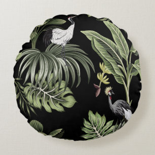 Tropical vintage night crane bird, palm trees, ban round pillow