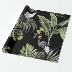 Tropical vintage night crane bird, palm trees, ban wrapping paper