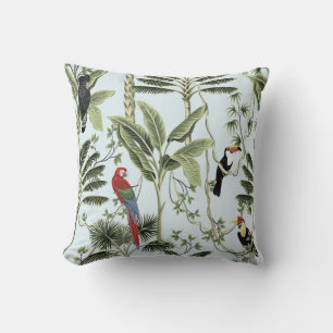 Tropical vintage palm trees, liana, macaw parrot, throw pillow