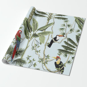 Tropical vintage palm trees, liana, macaw parrot,  wrapping paper