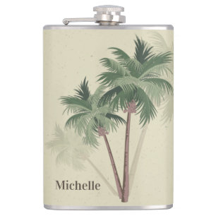 Tropical Vintage Palm Trees on Pale Green Hip Flask